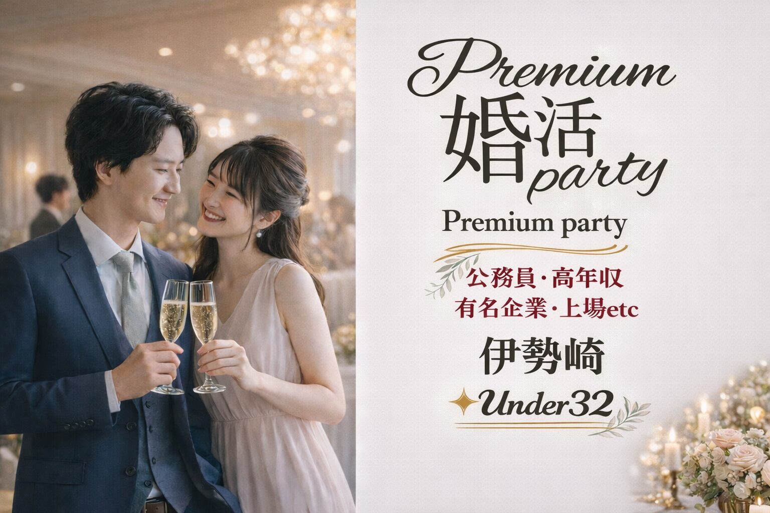 4月19日(日)14:15〜15:45　伊勢崎＼under３５♡伊勢崎de婚活／【年収400万円以上などの男性】 褒められ容姿・性格の男女で一目惚れ婚活♪